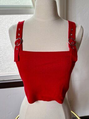 Forever 21 Red Ribbed Square-Neck Buckle-Strap Crop Top M